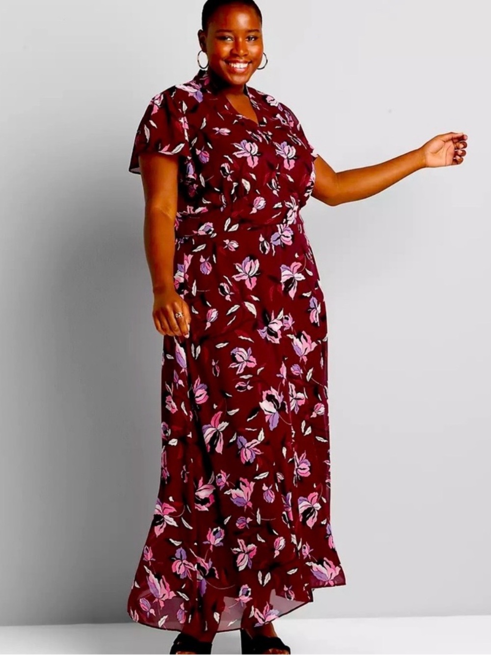 Lane Bryant • Burgundy Floral Flutter Sleeve Maxi Dress • Size 28